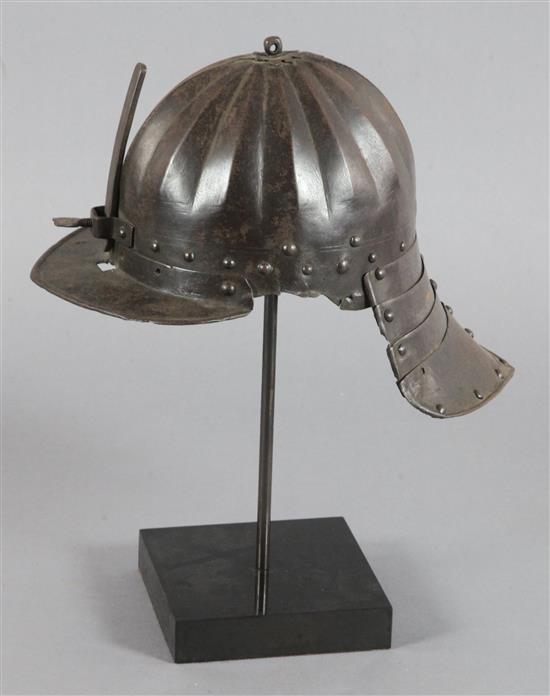 A Cromwellian lobster tail helmet,